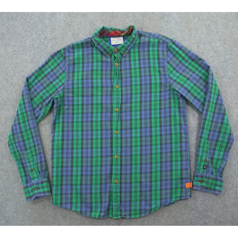 Scotch & Soda Shirt Mens Extra Large Green Button Up Flannel Plaid